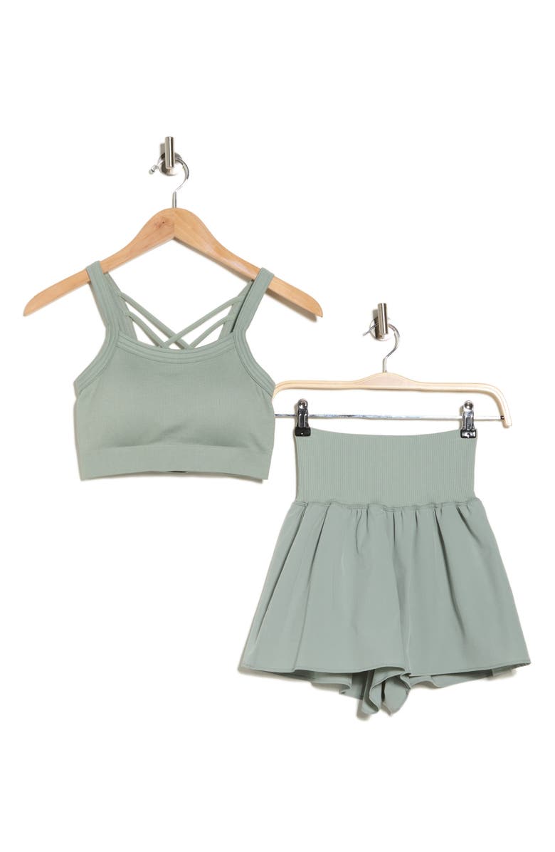 YOGALICIOUS Claire Strappy Seamless Rib Knit Sports Bra & Skirt Set, Alternate, color, Green Milieu