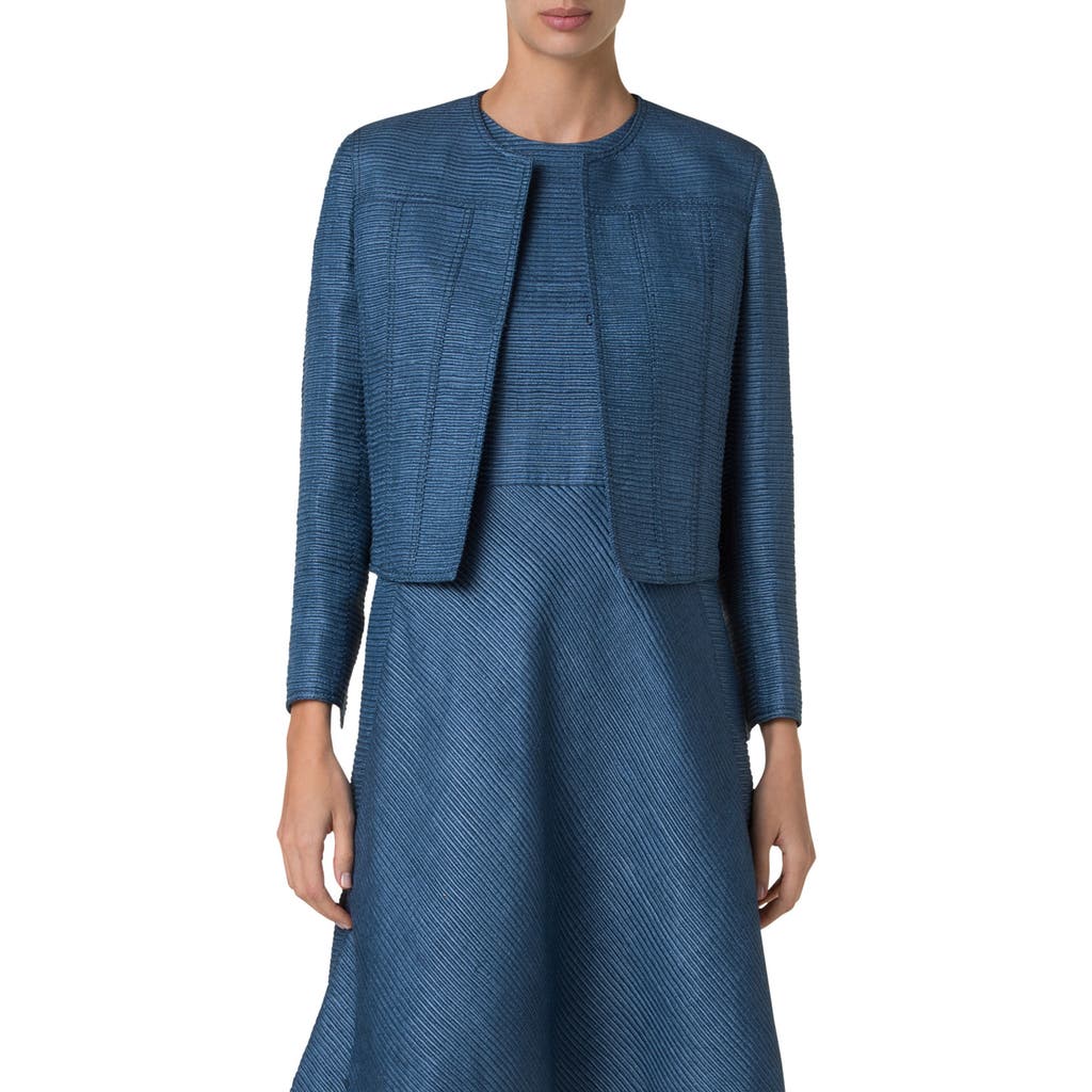 Akris Punto Indian Silk Ottoman Knit Crop Jacket In Medium Blue