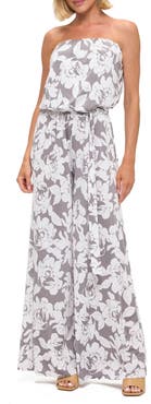 O.L. Printed Strapless Wide Leg Jumpsuit