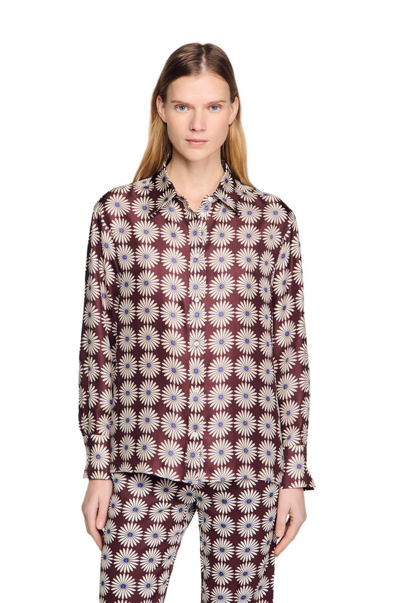 SANDRO Floral print silk shirt, Main, color, Marron / Bleu