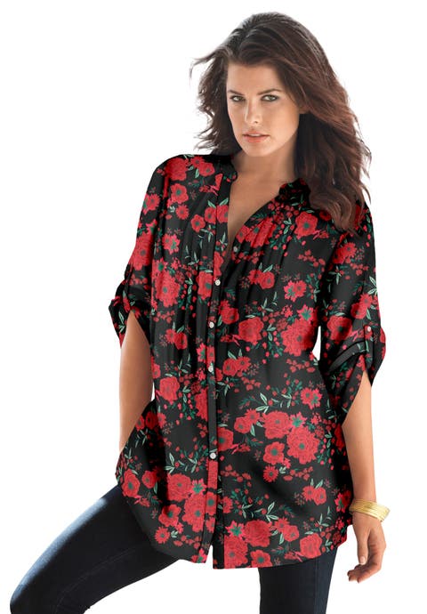Pintuck Tunic Blouse Y-Neck & Roll-Tab Sleeves (Plus)