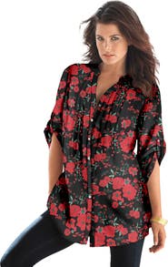 Roaman's Pintuck Tunic Blouse Y-Neck & Roll-Tab Sleeves