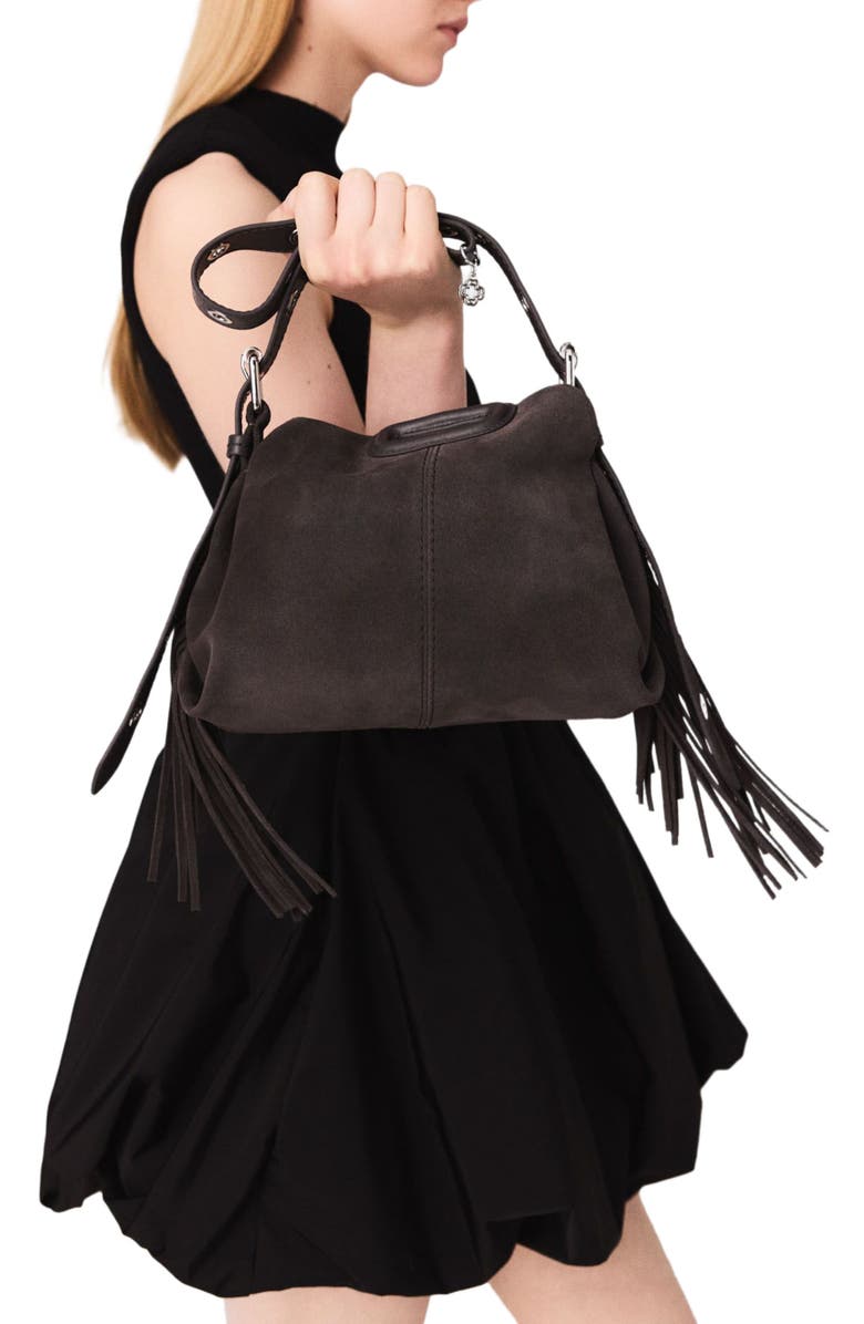 maje Mini ribbed knit and taffeta dress, Alternate, color, Black