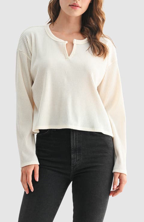 Split Neck Long Sleeve Ribbed Top