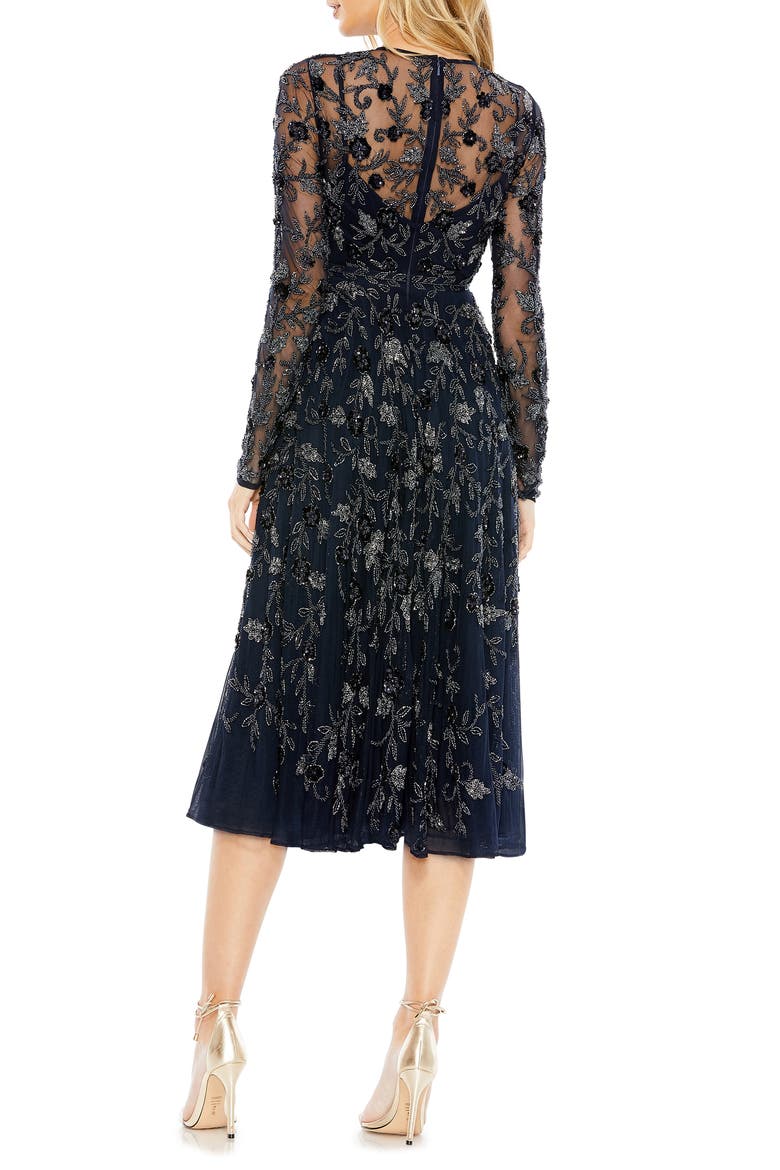 Beaded Floral Long Sleeve Cocktail Midi Dress, Alternate, color, NAVY
