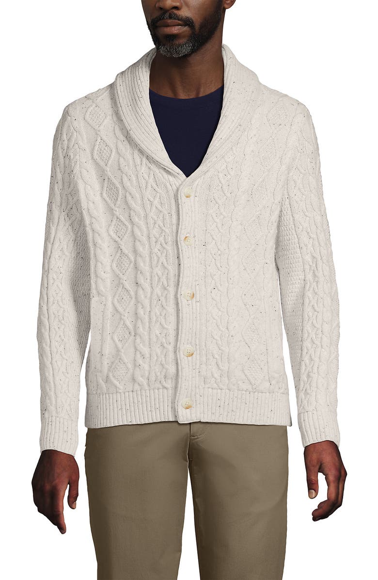 Lands' End Cotton Blend Cable Shawl Cardigan Sweater, Alternate, color, Antiqued Alabaster Donegal