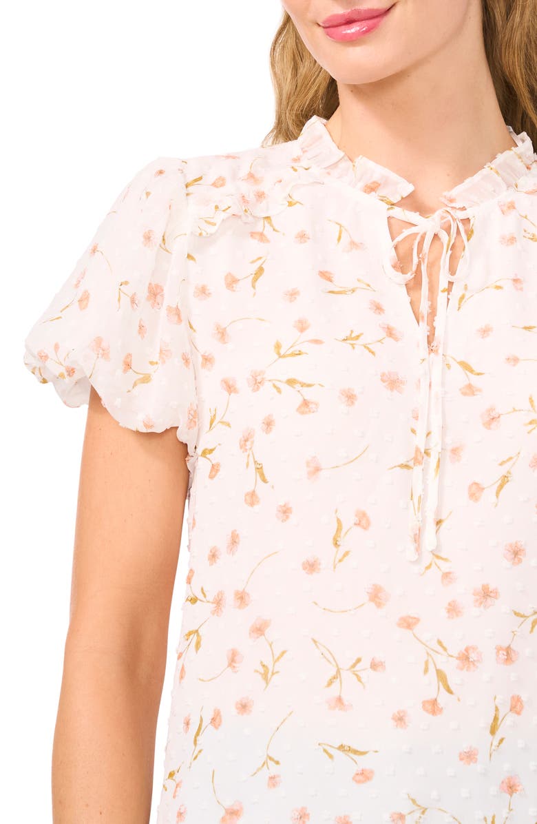 CeCe Floral Bubble Sleeve Clip Dot Top, Alternate, color, New Ivory