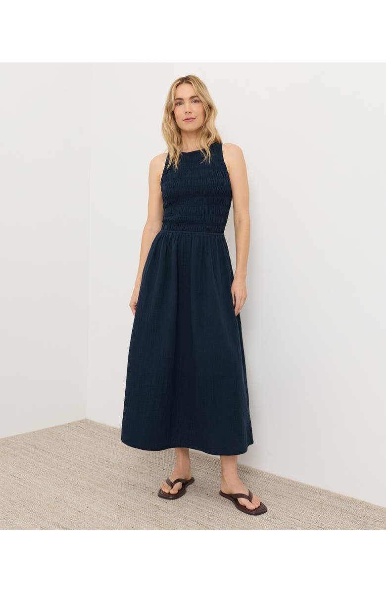 Pact Organic Cotton Coastal Double Gauze Smocked Dress, Main, color, Navy Blue