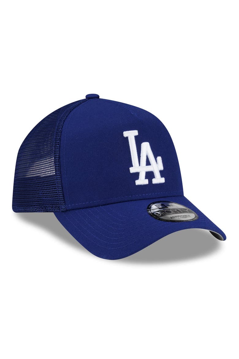 Men's New Era Royal Los Angeles Dodgers Side Script 9FORTY A-Frame Trucker Adjustable Hat, Alternate, color, Royal