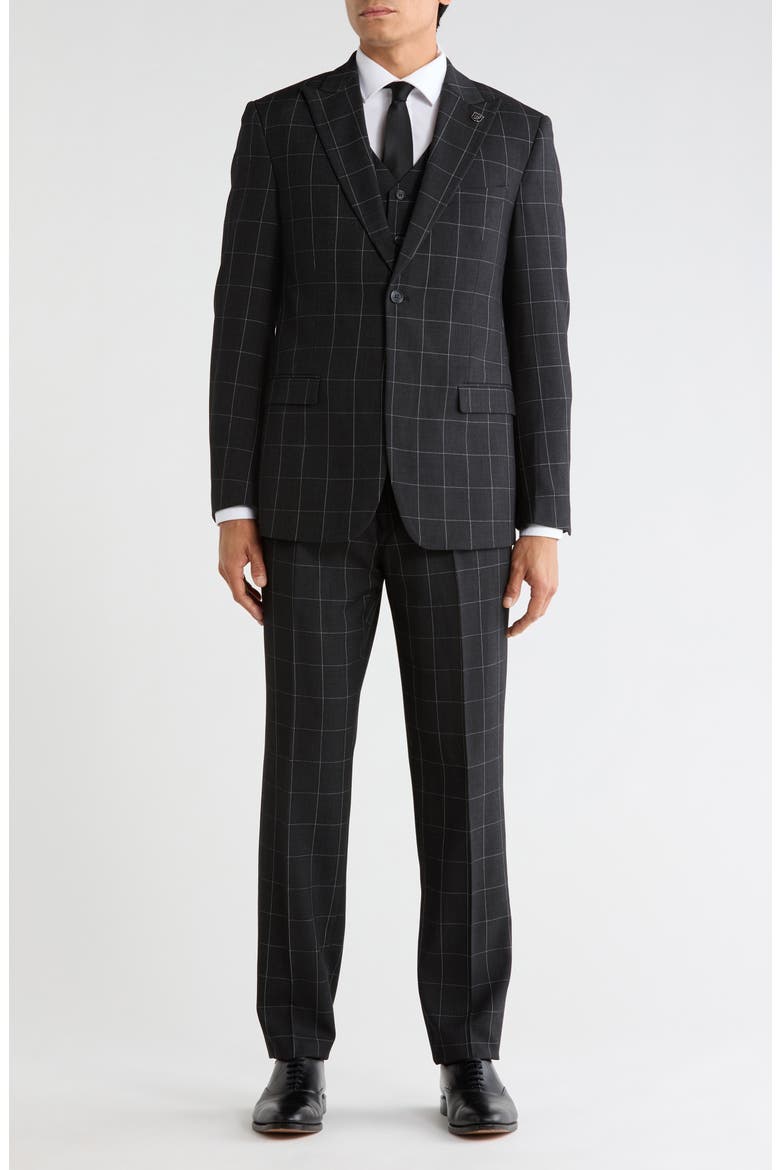 Windowpane 3-Piece Suit, Main, color, BLACK