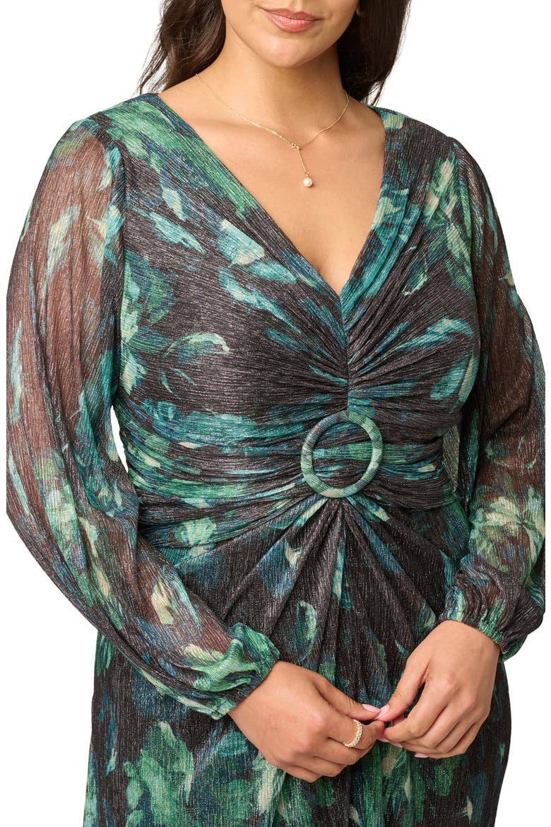 Metallic Floral Mesh Midi Dress, Alternate, color, BLACK/ EMERALD