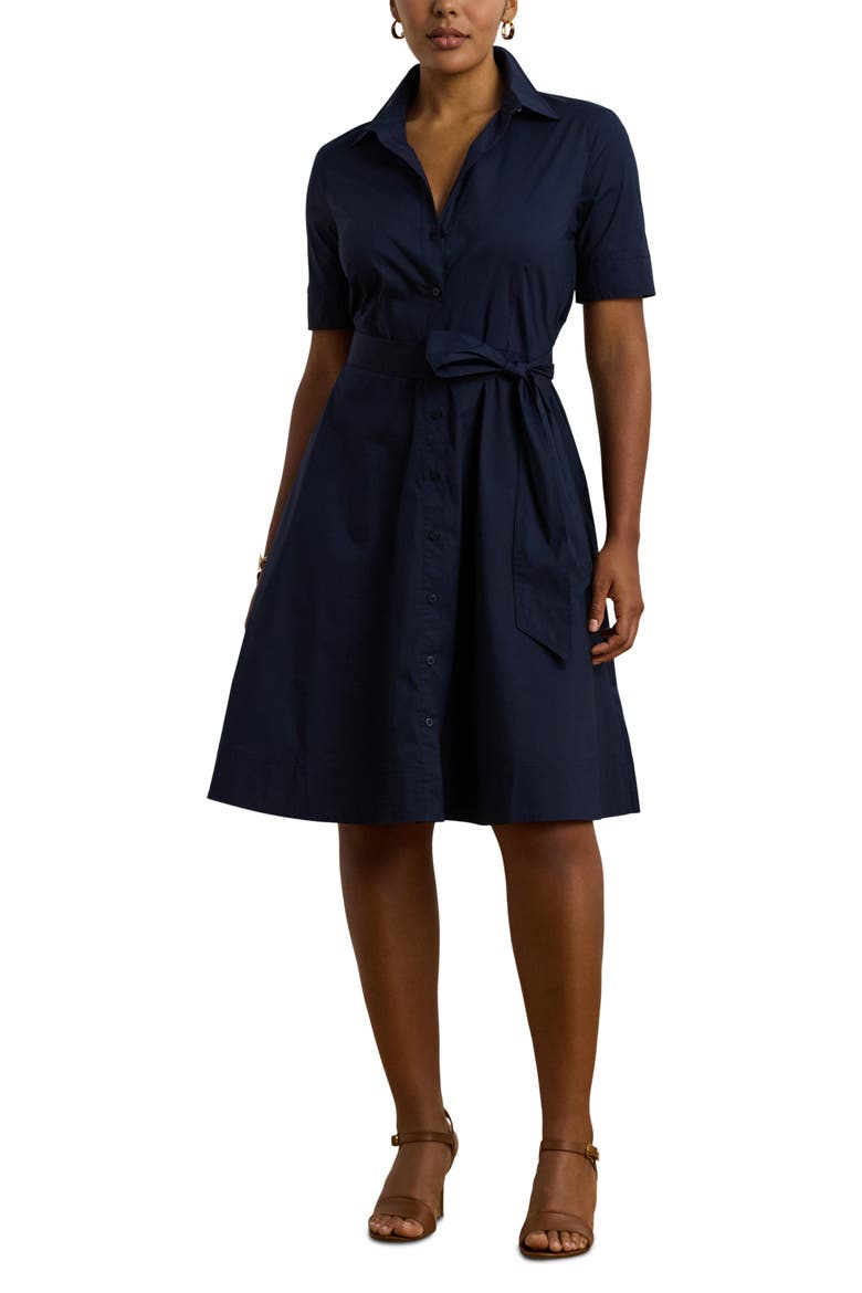 Belted Fit & Flare Cotton Blend Shirtdress, Main, color, LAUREN NAV
