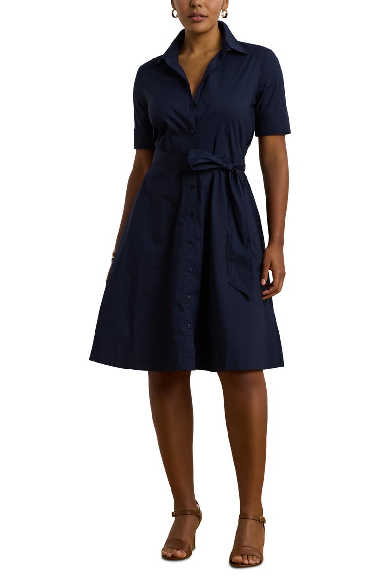 Lauren Ralph Lauren Belted Fit & Flare Cotton Blend Shirtdress, Main, color, Lauren Navy