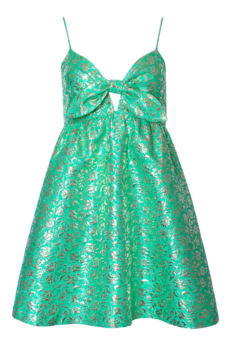 Melvina Bow Front Metallic Jacquard Babydoll Dress, Alternate, color, JADE MULTI