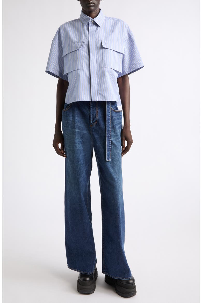 Pleat Back Crop Poplin Button-Up Shirt, Alternate, color, LIGHT BLUE STRIPE