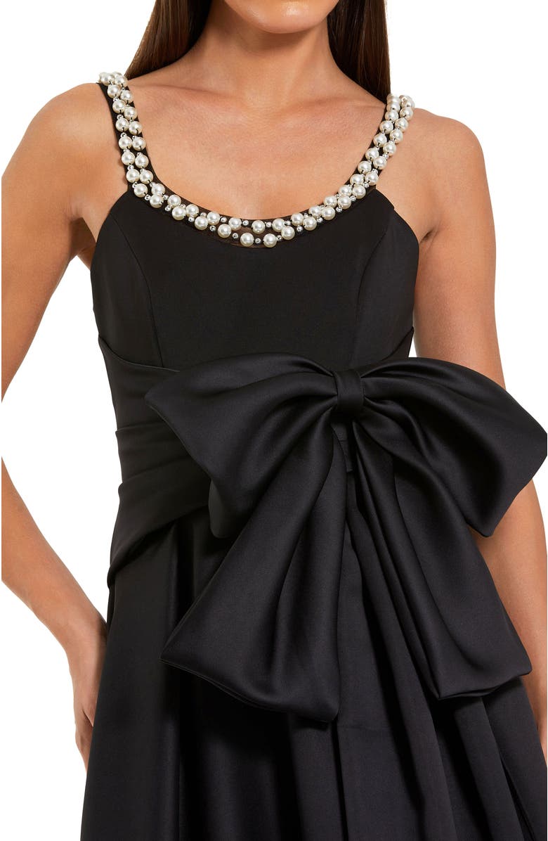 Mac Duggal Satin Gown With Pearl Neckline and Bow Detail, Alternate, color, Black