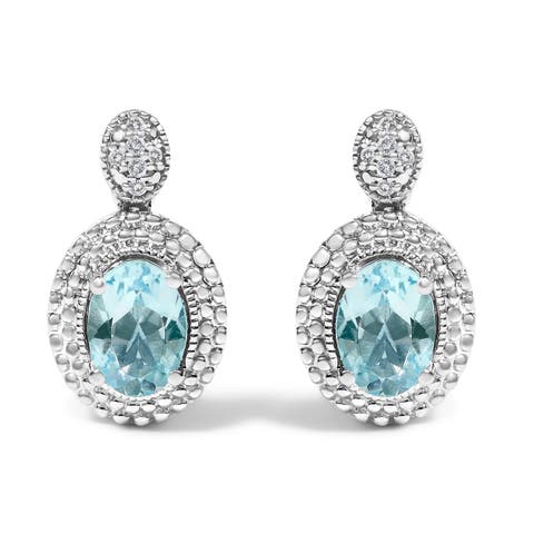 Silver Diamond Accent and Topaz with Beaded Halo Drop Stud Earrings