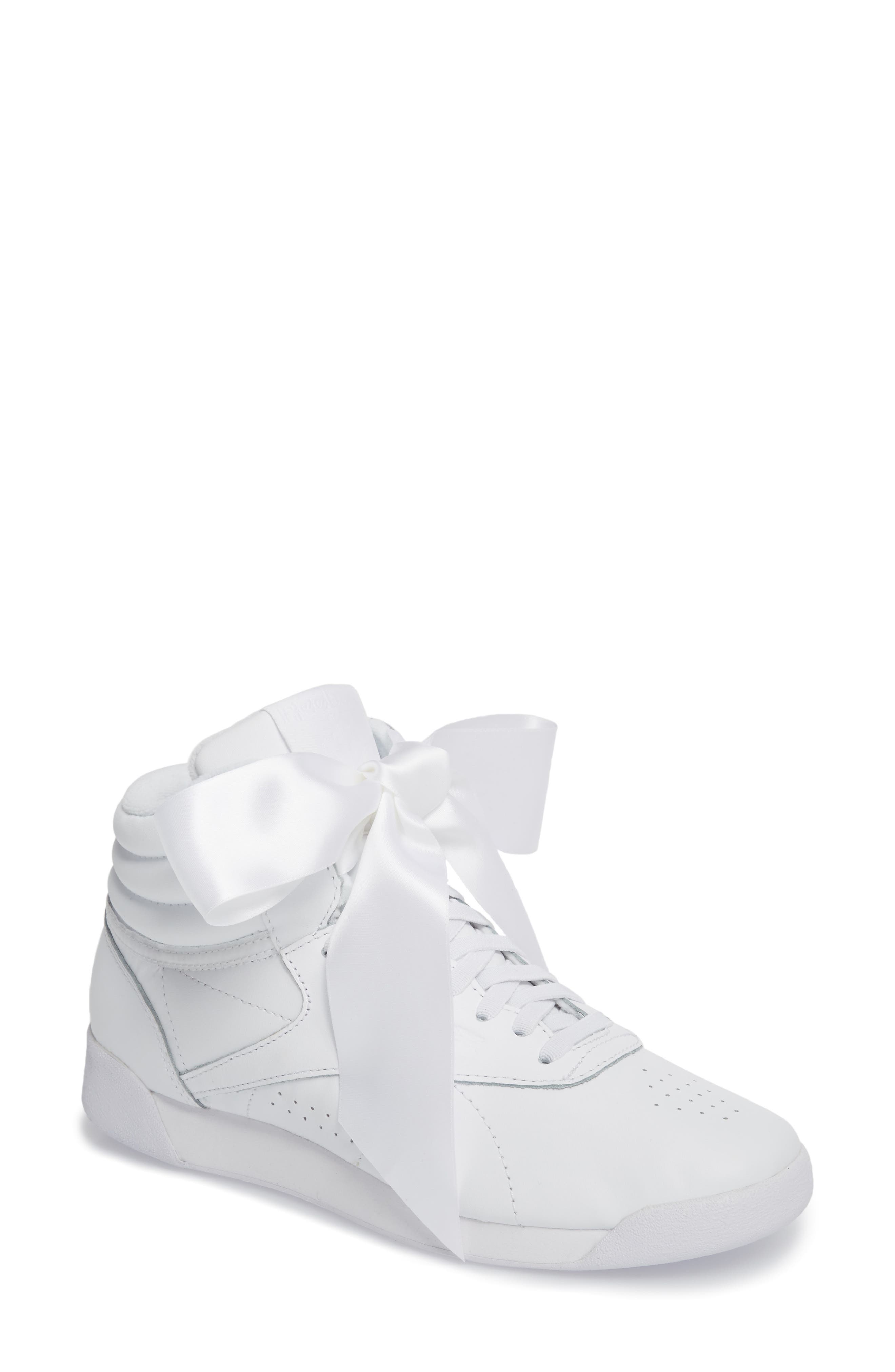 Reebok Freestyle Hi Satin Bow Sneaker, Main, color, 