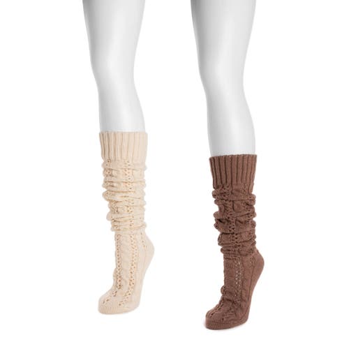 Muk Luks Slouch Knit Cable Socks 2 Pair Pack In Brown