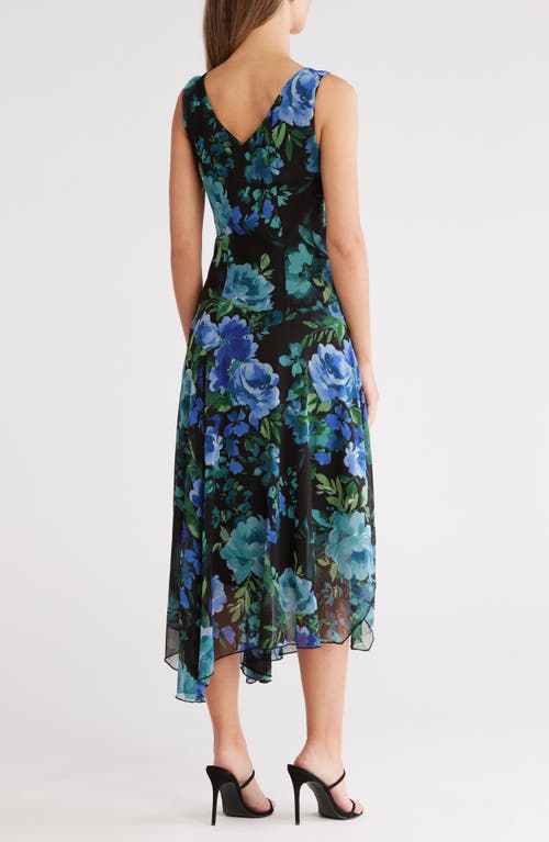 Connected Apparel Chiffon Asymmetric Midi Dress In Blue