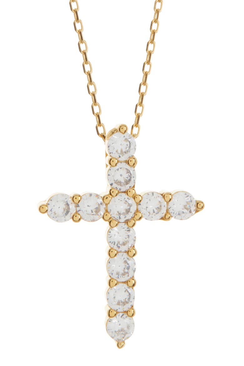 Goldtone Plated Sterling Silver White Cubic Zirconia Cross Pendant Necklace, Main, color, GOLD