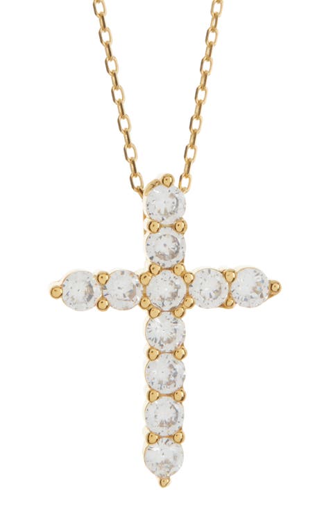 Goldtone Plated Sterling Silver White Cubic Zirconia Cross Pendant Necklace