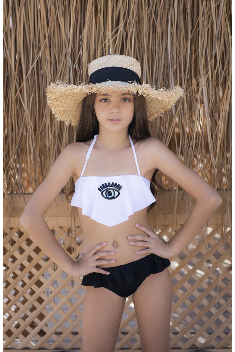 Evil Eye Bandeau Ruffle Two Piece Bikini,Toddler-Little Kid & Big Kid, Alternate, color, White-Black
