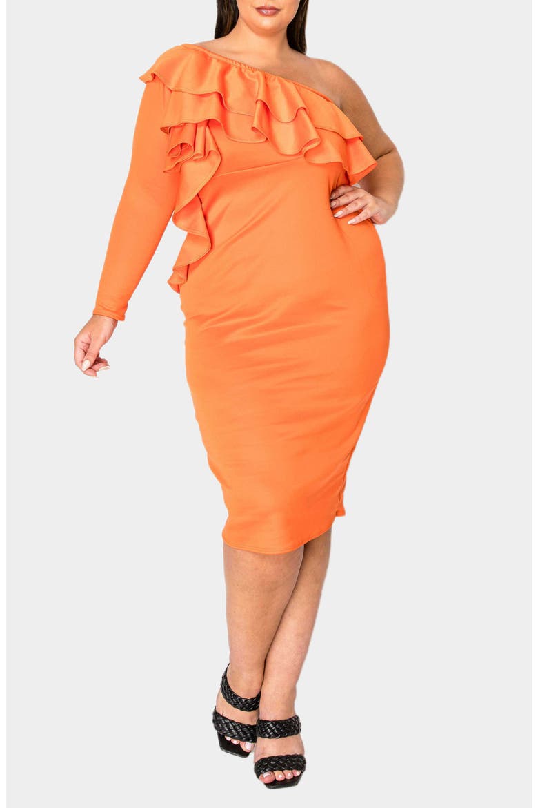 Val Ruffle One-Shoulder Midi Dress, Alternate, color, TANGERINE