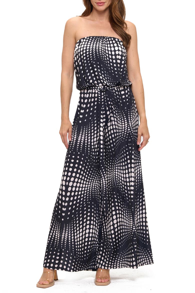 Printed Wide Leg Strapless Jumpsuit, Main, color, BLACK/ WHITE