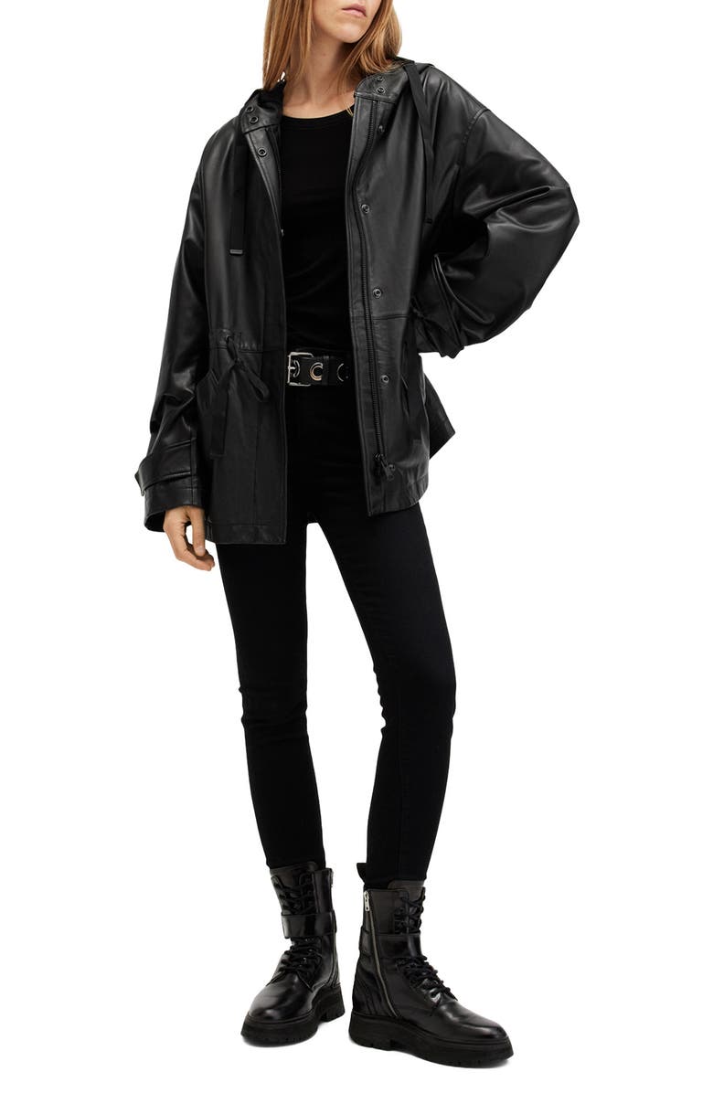 AllSaints Kelsea Hooded Leather Jacket, Alternate, color, 