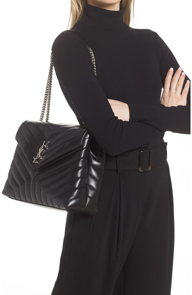 Saint Laurent Medium Loulou Matelassé Leather Shoulder Bag, Alternate, color, Nero/Nero
