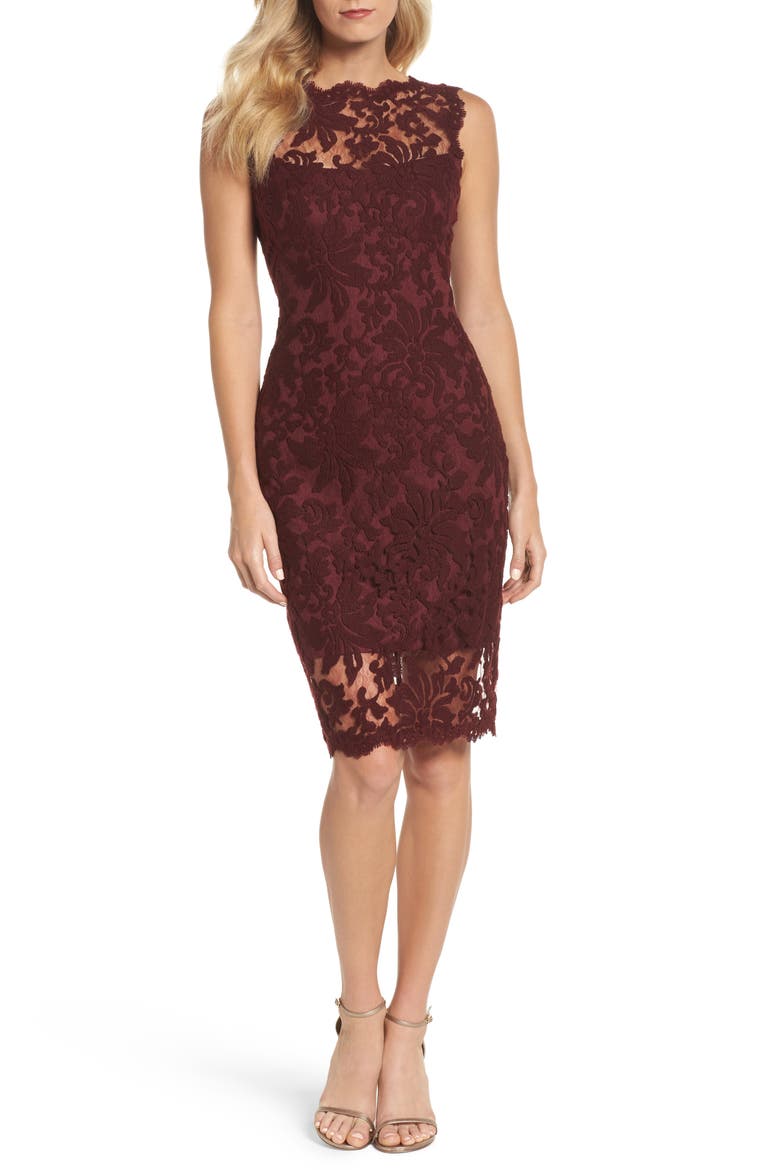 Embroidered Lace Sheath Dress, Main, color, AUBURN