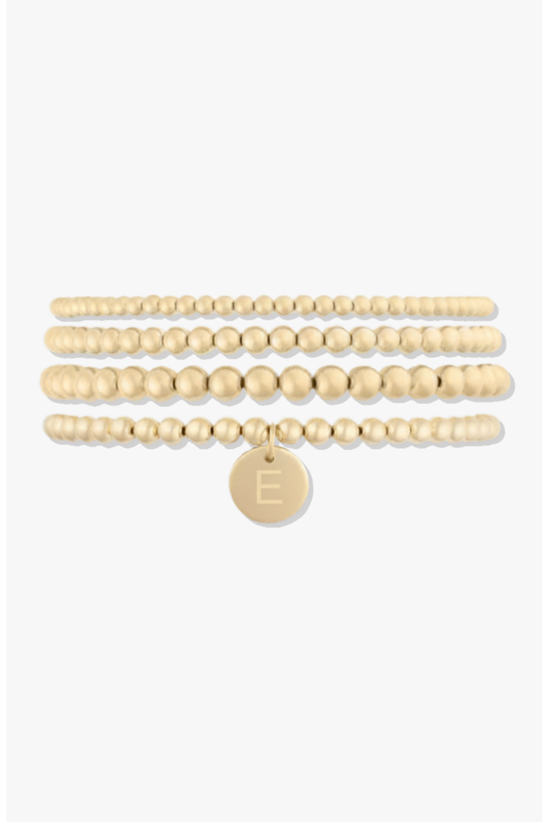 Classic Initial Coin 14k Gold Filled Bead Four Bracelet Stack, Main, color, Gold E