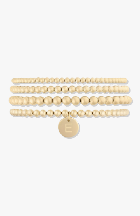 Classic Initial Coin 14k Gold Filled Bead Four Bracelet Stack