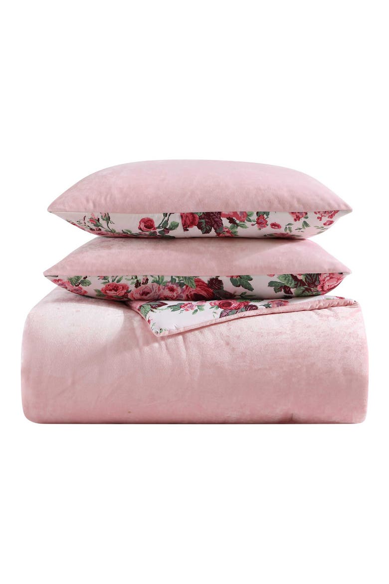Floral Reversible Microfiber & Velvet Duvet Cover Set, Main, color, PINK