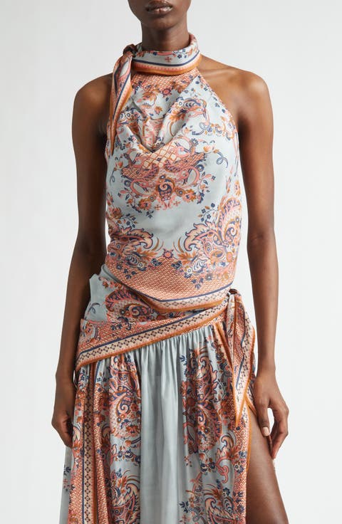 Aster Paisley Scarf Tie Silk Halter Top (Regular & Petite)
