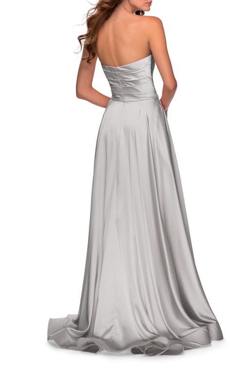 La Femme Strapless Satin Gown With Pleated Bodice And Slit