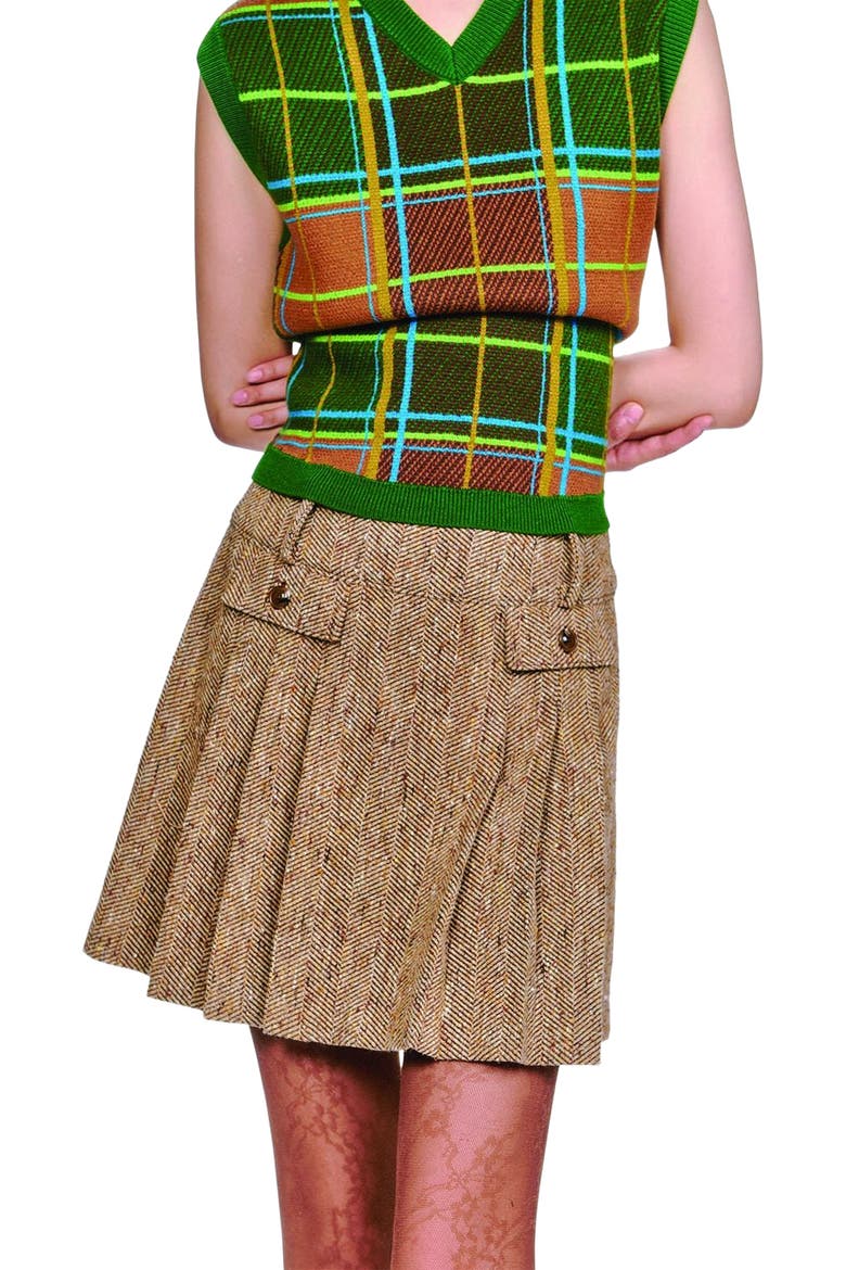 Herringbone Pleated Skirt, Alternate, color, Caramel