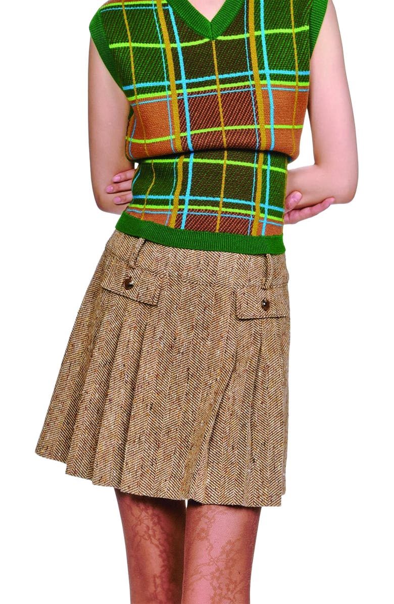 Anna Sui Herringbone Pleated Skirt, Alternate, color, Caramel