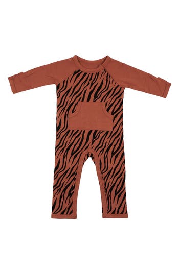 Kyte Baby Rust Tiger Print Longall Romper In Brown