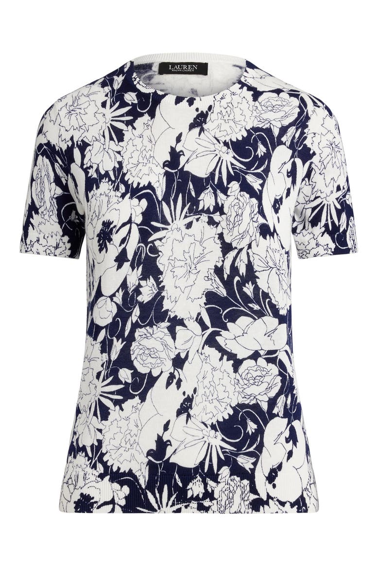 Floral Print Short Sleeve Sweater, Alternate, color, WHITE/ NAVY BLUE