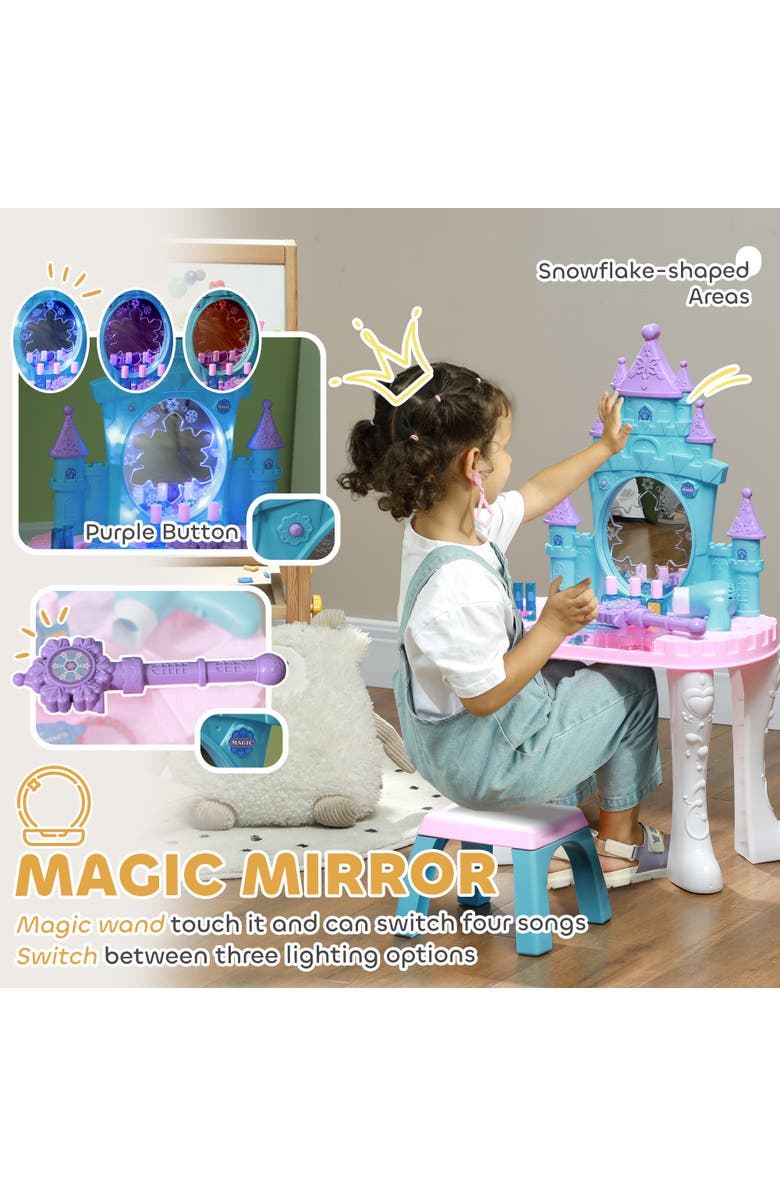 Qaba Kids Vanity Set, Mirror, Stool, Castle Design, Light, Music, Hair Dryer, Alternate, color, Multicolor