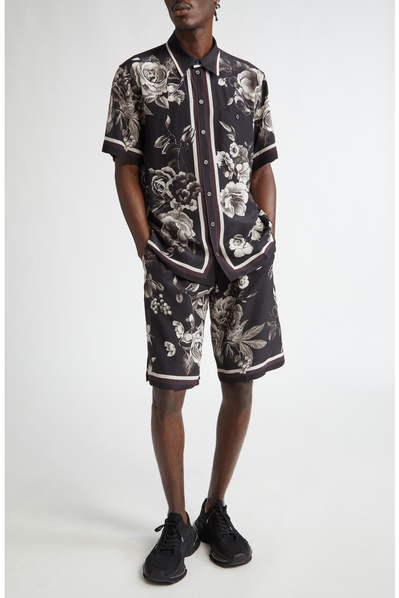 Floral Silk Jogging Shorts, Alternate, color, HN5DY FIORI GRIGI FDO NERO