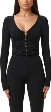 Naked Wardrobe Ruched Button-Up Knit Top