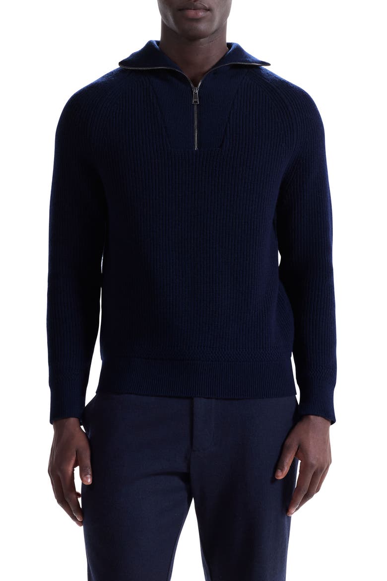 Merino Wool & Cotton Quarter Zip Pullover, Main, color, NAVY