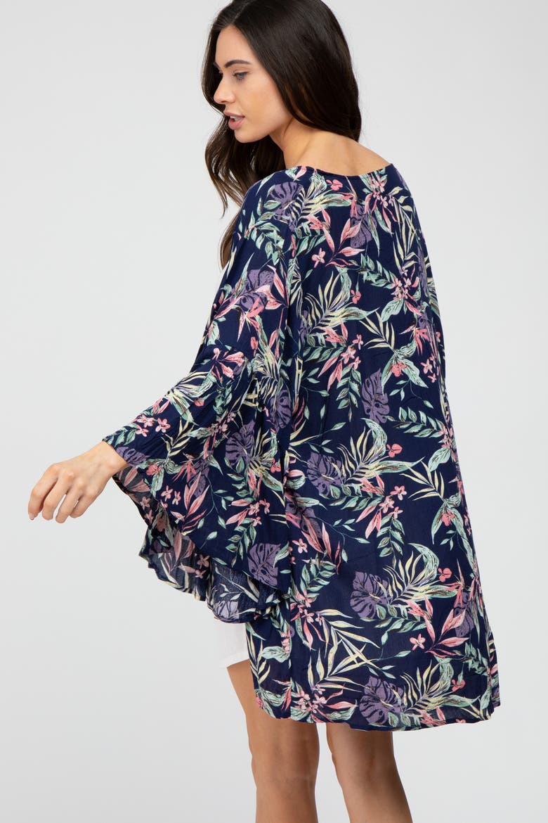 Floral Bell Sleeve Cover Up, Alternate, color, Navy Blue