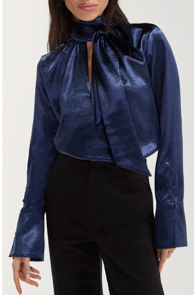 Tie Neck Textured Satin Top, Main, color, SAPPHRE METALLC