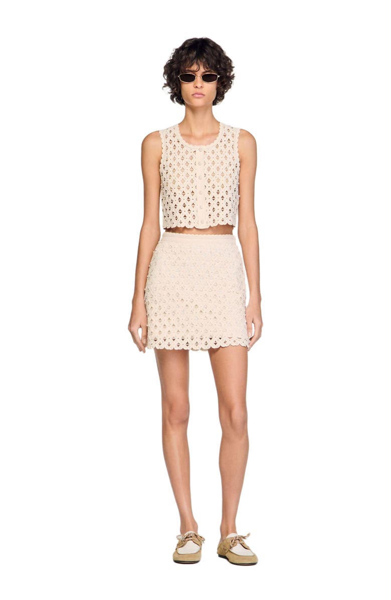 SANDRO Beaded crochet cropped cardigan, Alternate, color, Ecru