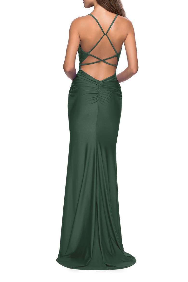 Strappy Back Ruched Trumpet Gown, Alternate, color, EMERALD