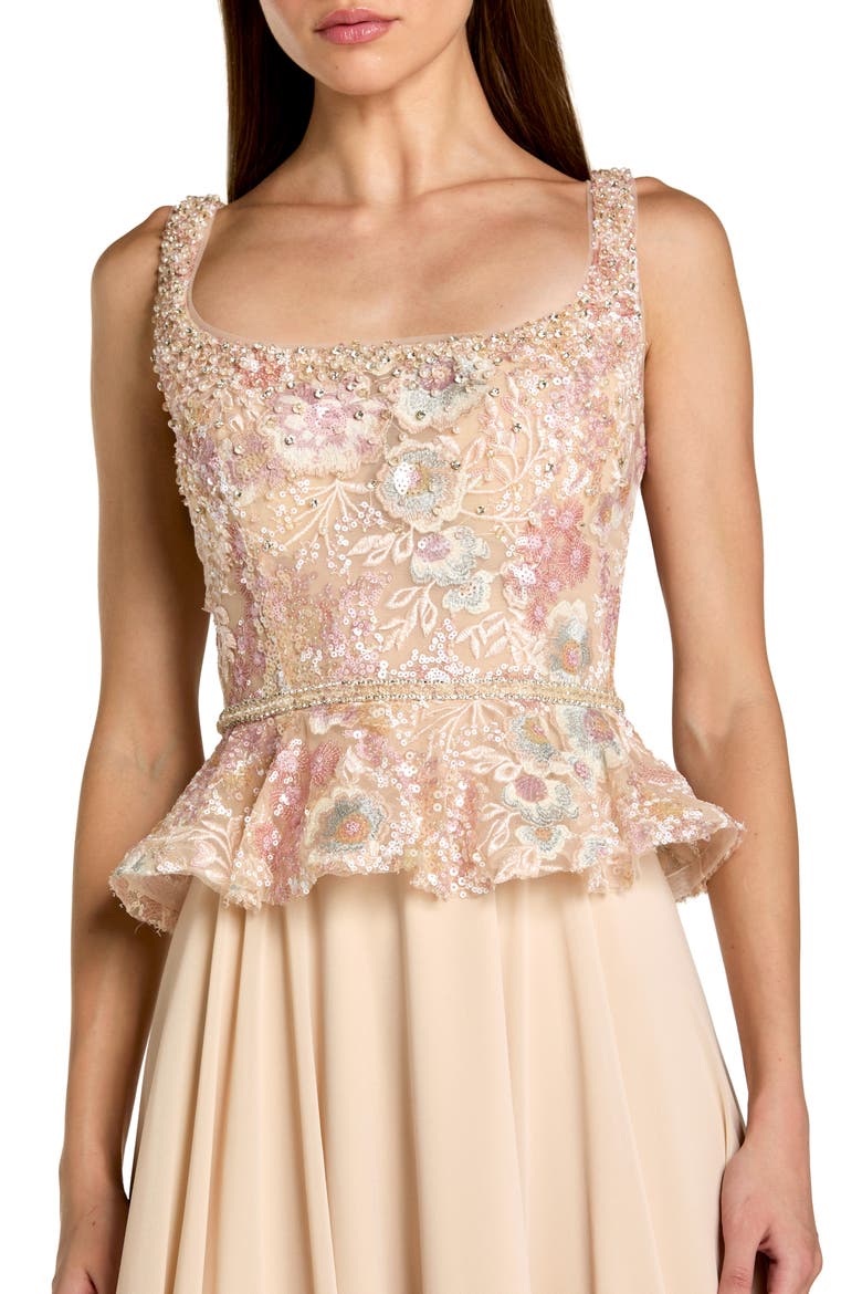 Women's Embroidered Peplum Top With Chiffon Skirt Gown, Alternate, color, Champagne